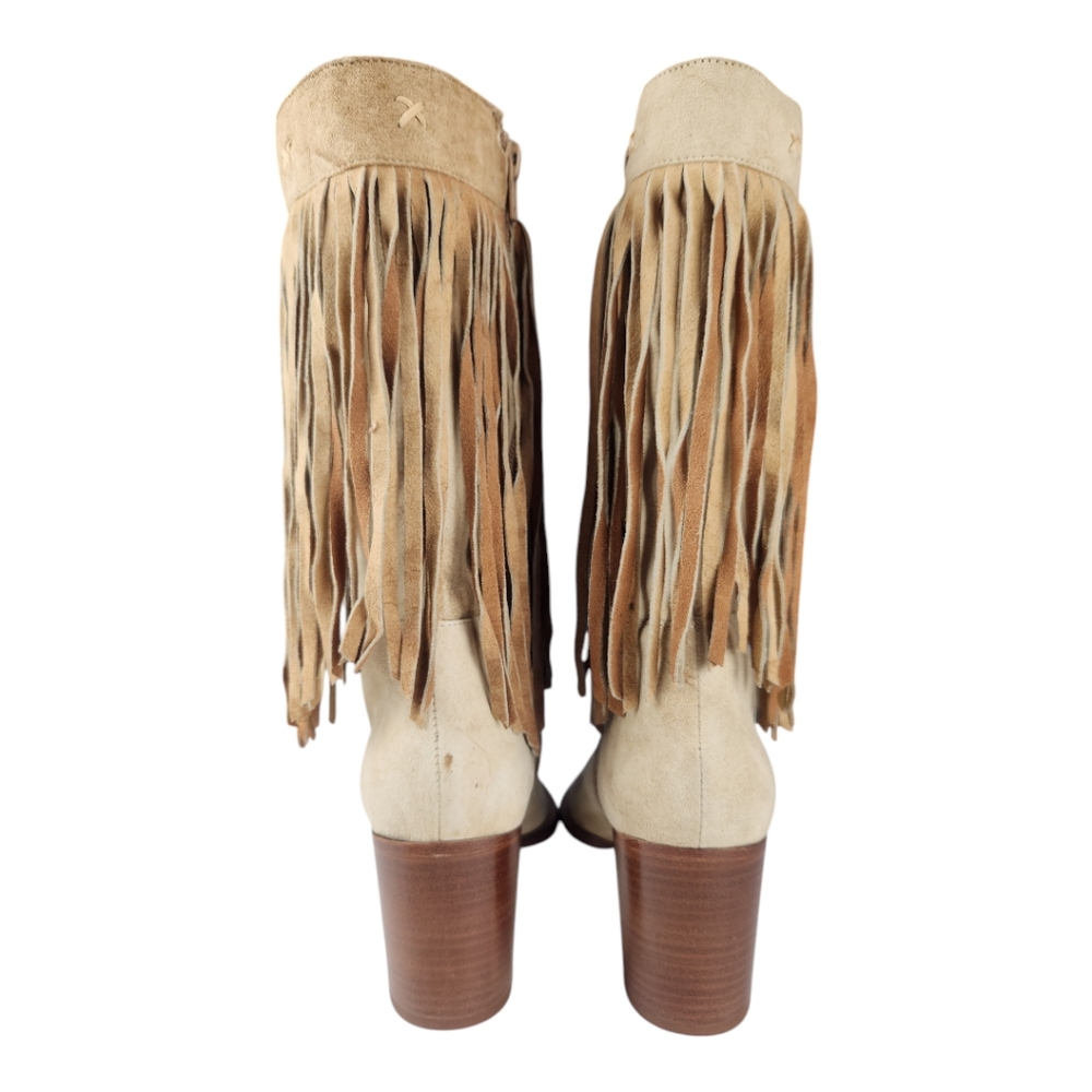 Carlos Falchi Fiorina Suede Leather Fringe Cowgirl Boots 3" Heel Mid-Cal… - Picture 2 of 10